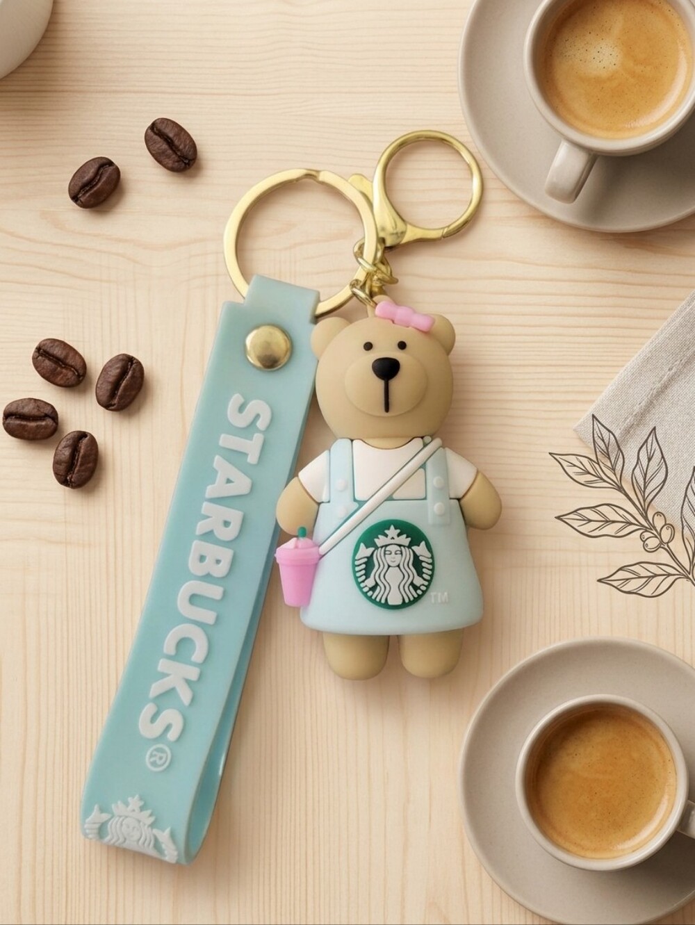 Starbucks Mint Green Bear Keychain with Pink Accent